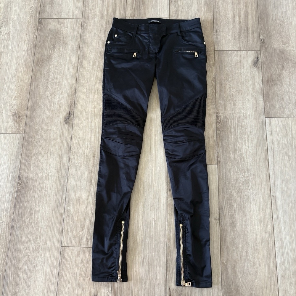 BALMAIN Low-Rise Biker Moto Jeans Skinny Pants Black Zip Paris Women's Sz 34
